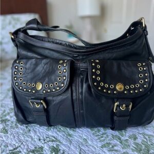 Marc Jacobs Black Leather Shoulder Bag Studded with Gold Accents